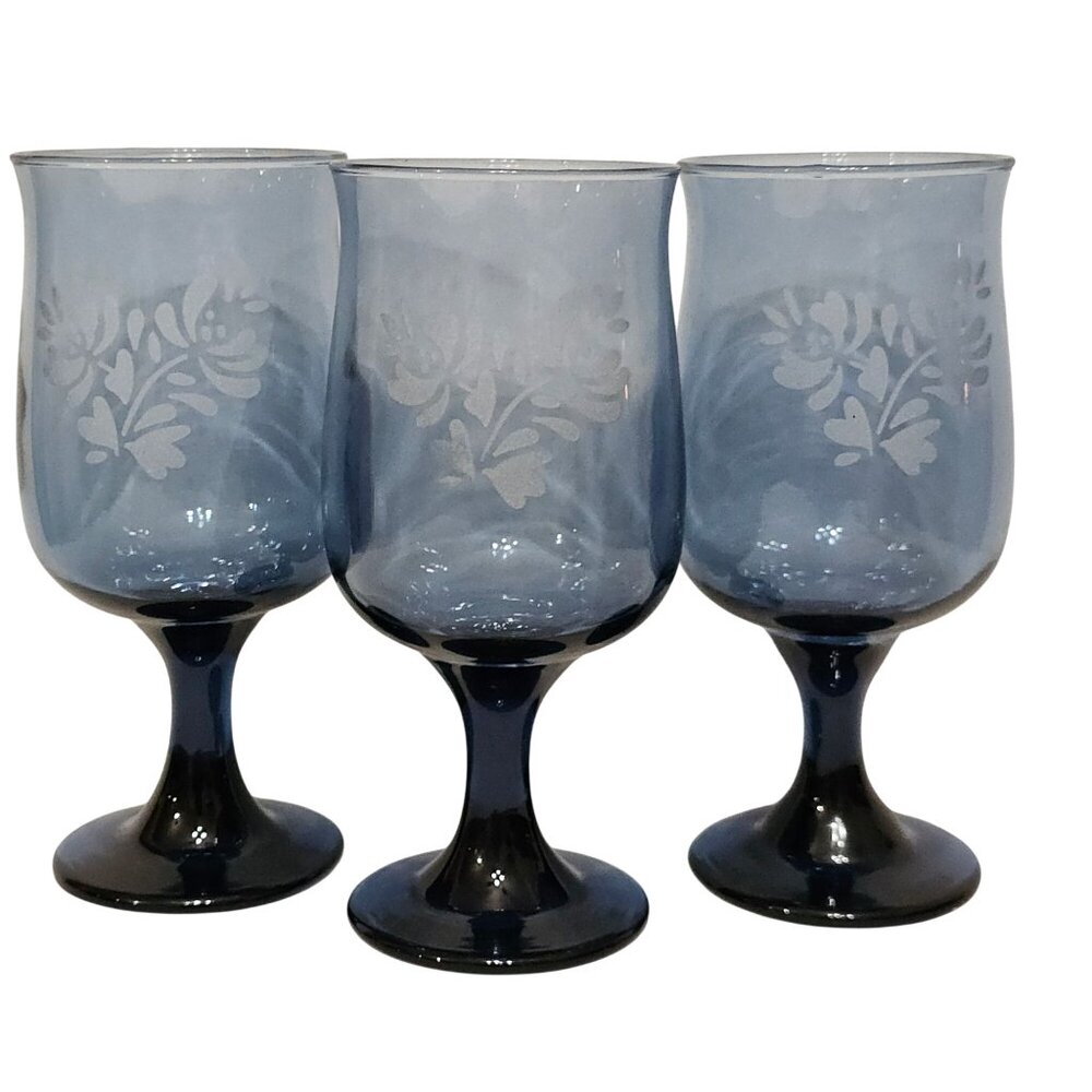 3 Pfaltzgraff Yorktowne Blue Water Glasses 6.5" etched floral goblets vintage